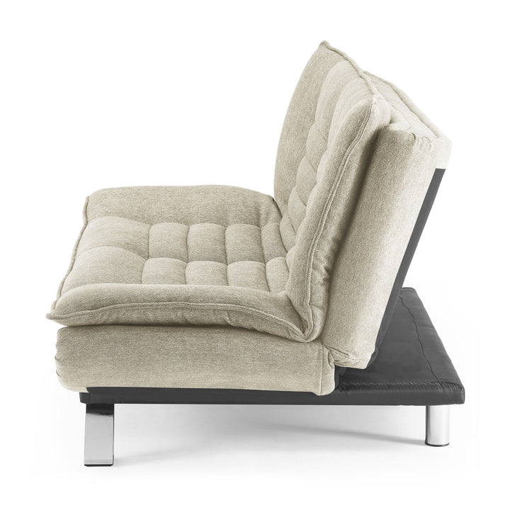 Friday sovesofa i beige, sett fra siden med tuftet sete