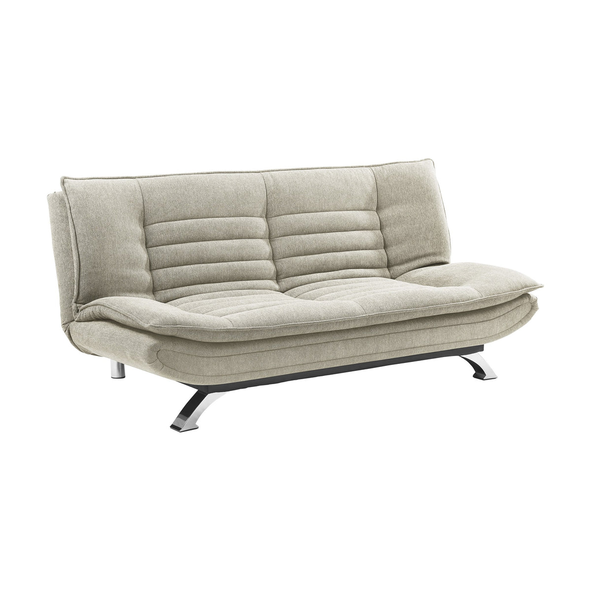 Friday sovesofa i lys beige stoff med tuftet rygg og blanke metallben