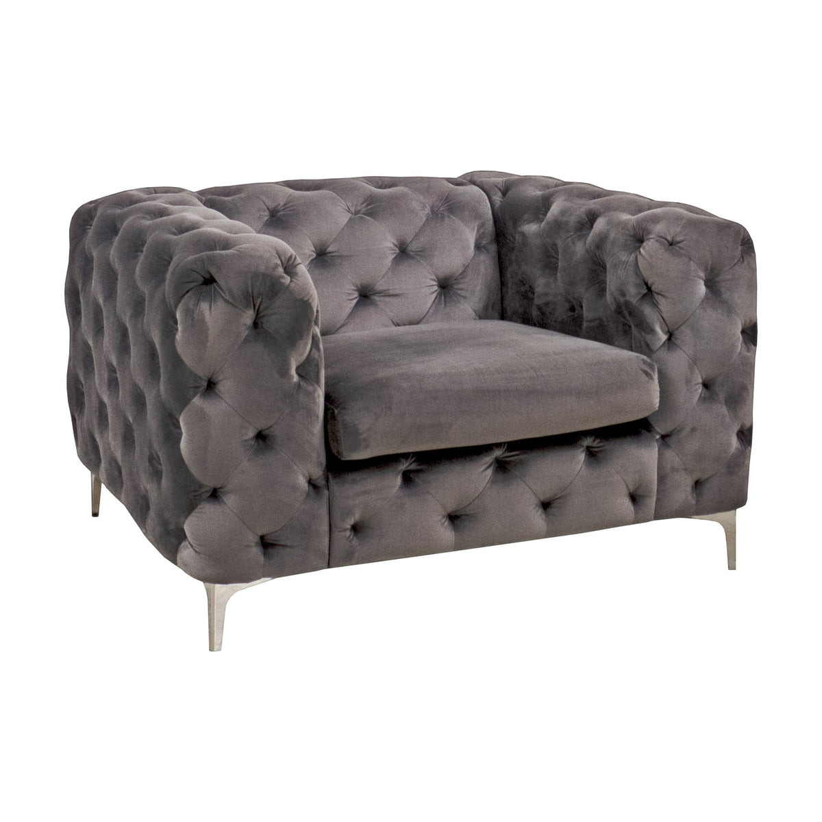 Bella sofa i mørk grå velur med knappet chesterfield-design