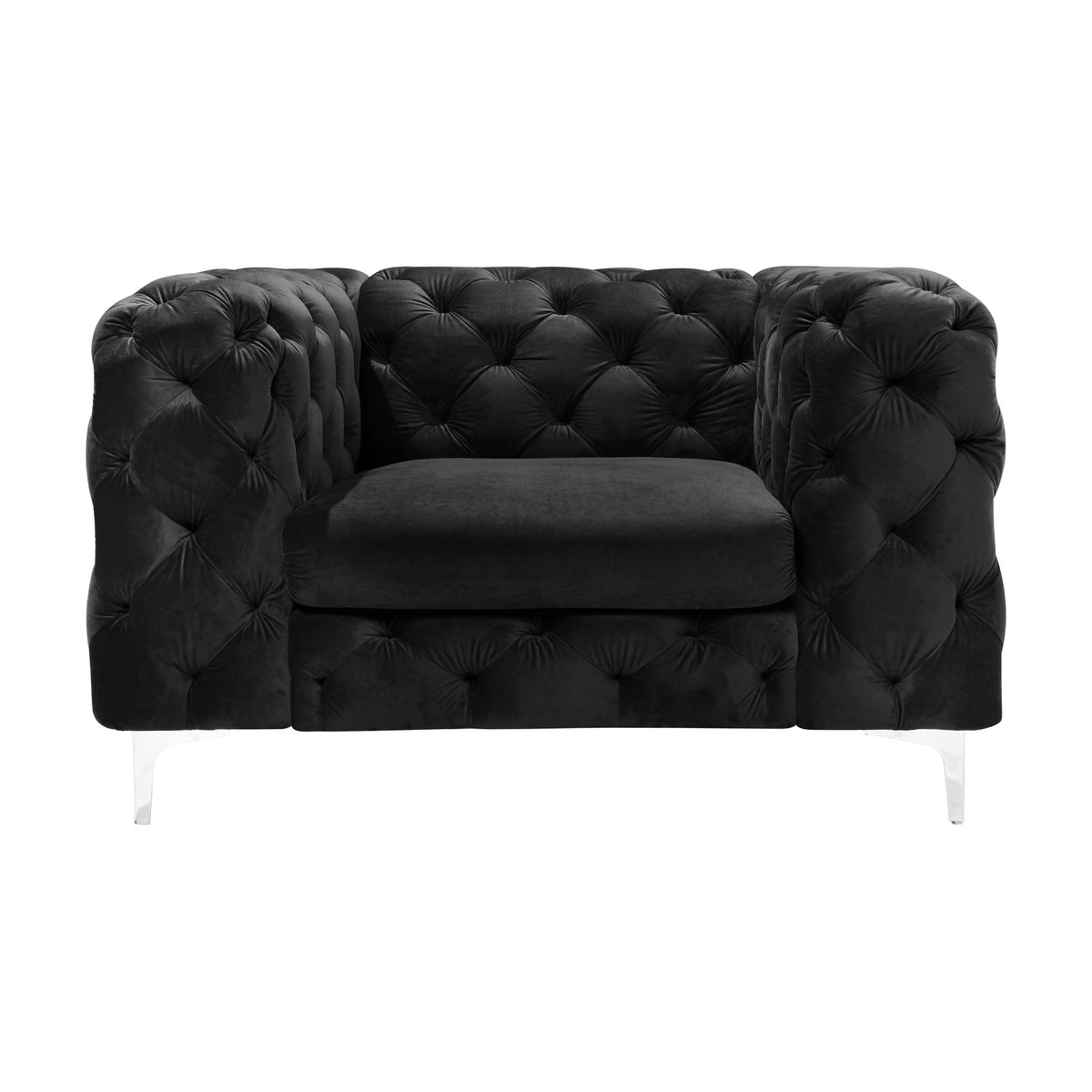 Bella sofa i sort velur, dyptuftet chesterfield-lenestol med blanke metallben