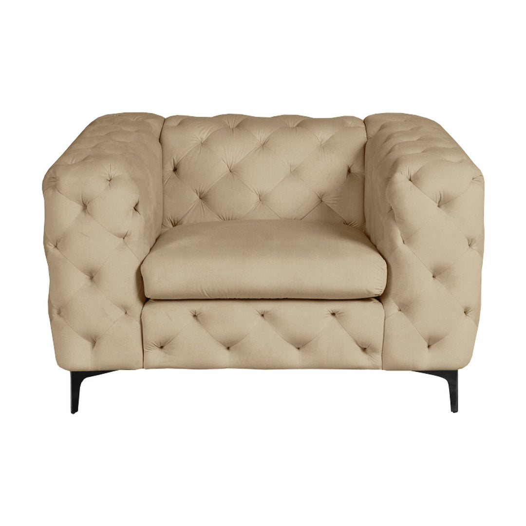 Bella sofa i beige velur, dyptuftet chesterfield-lenestol med svarte metallben