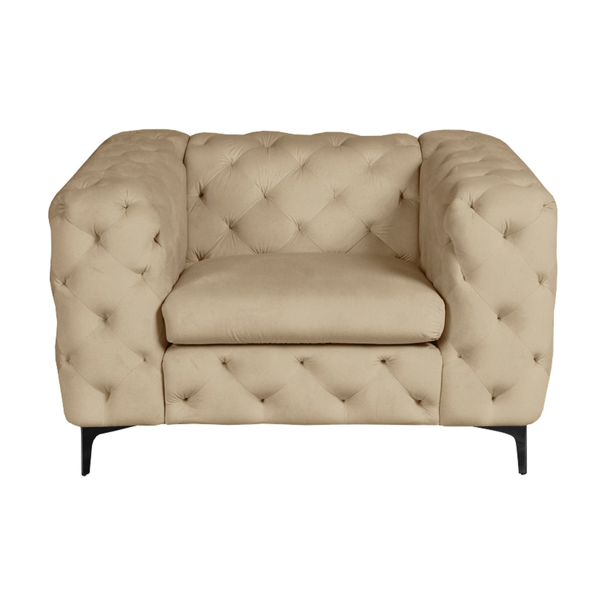Bella sofa i beige velur, dyptuftet chesterfield-lenestol med svarte metallben