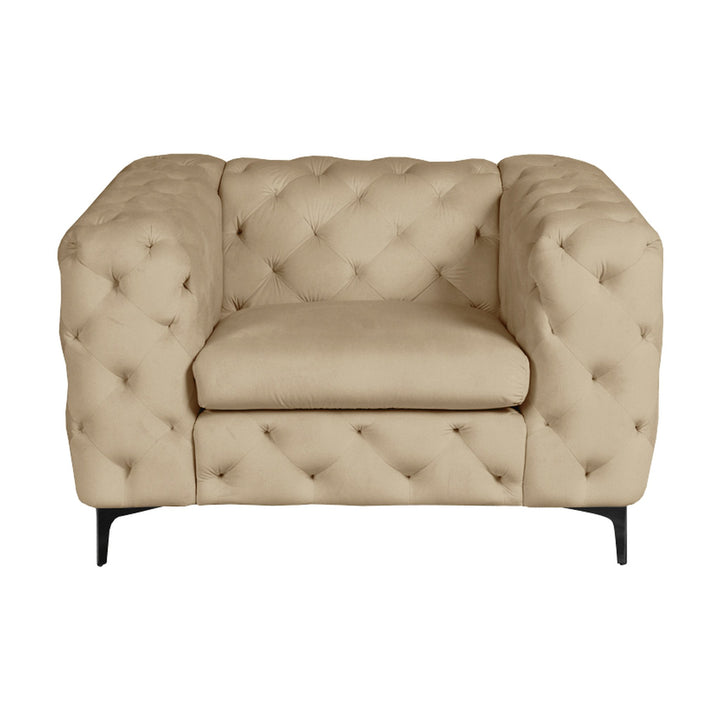 Bella sofa i beige velur, dyptuftet chesterfield-lenestol med svarte metallben