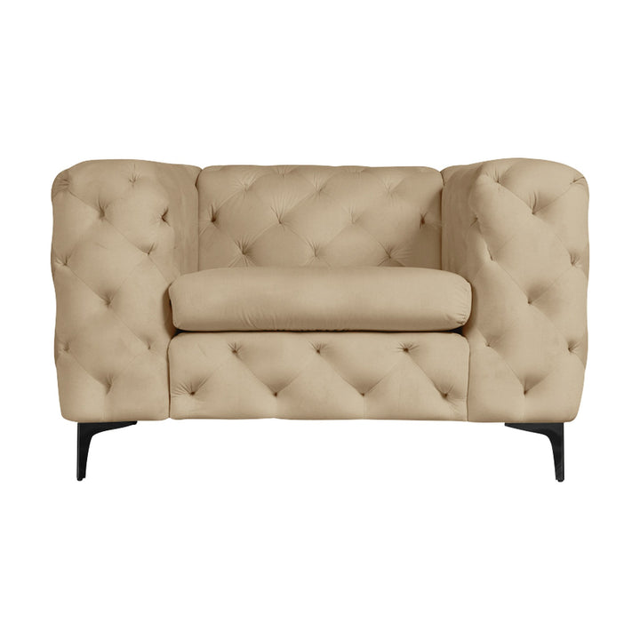 Bella sofa i beige velur med knappet chesterfield-design