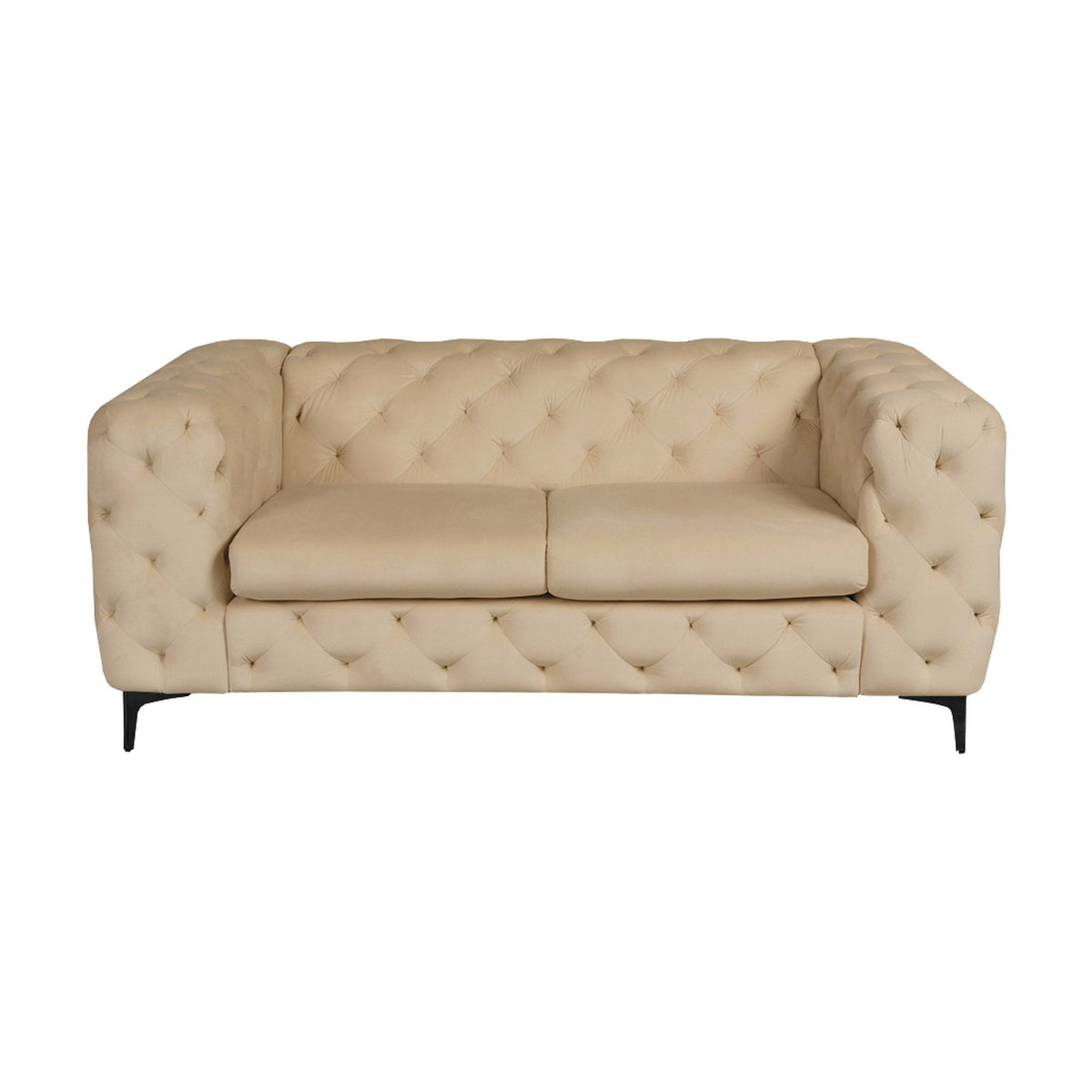 Bella sofa i beige velur, toseter med dyp knapptufting og sorte ben, sett forfra