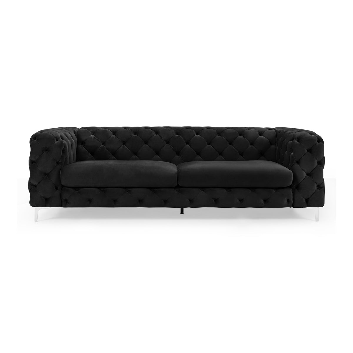 Bella sofa i sort velur, treseter med dyp knapptufting og blanke krombein, sett forfra