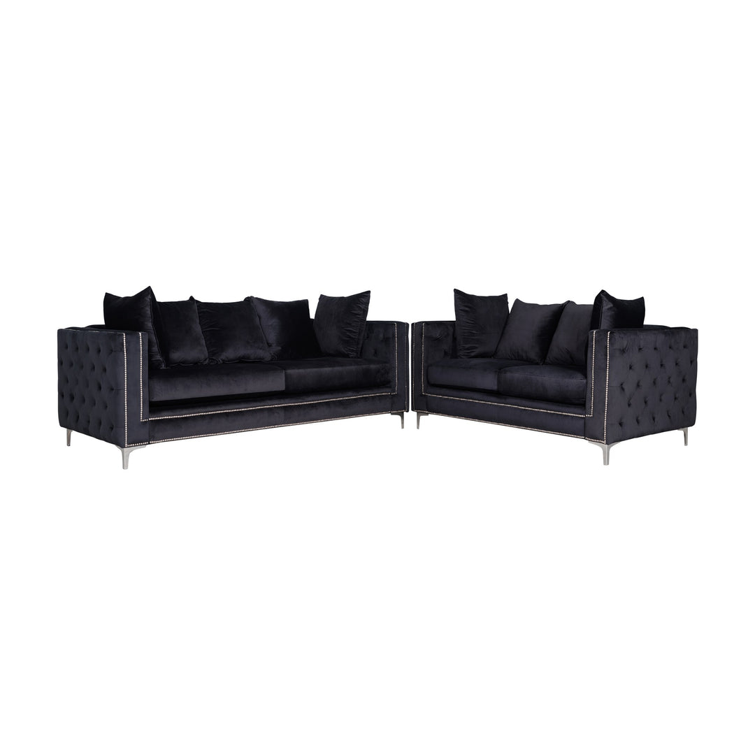 Dallas sofa, sort toseter i velur sett fra siden med dypt knapptuftet sidepanel