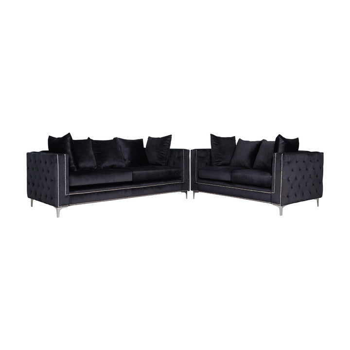 Dallas sofa, sort toseter i velur sett fra siden med dypt knapptuftet sidepanel