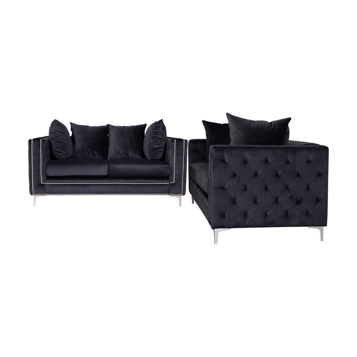 Dallas sofa i sort velur, nærbilde av diamantformet knapptufting