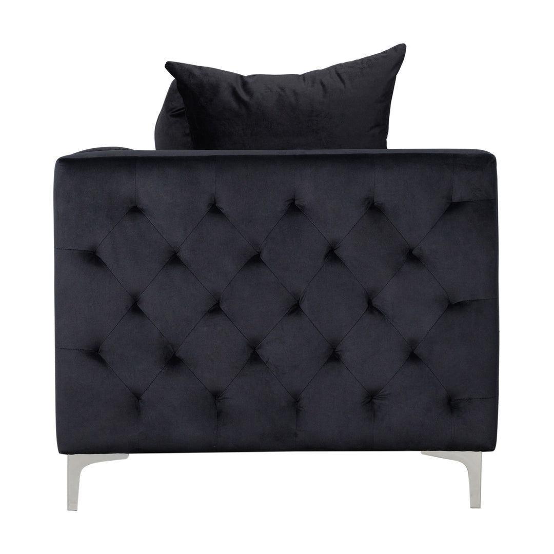 Dallas sofa, sort treseter i velur sett fra siden med dypt knapptuftet sidepanel