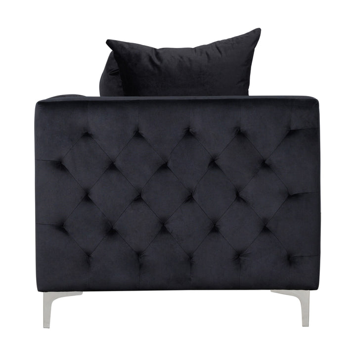Dallas sofa, sort treseter i velur sett fra siden med dypt knapptuftet sidepanel