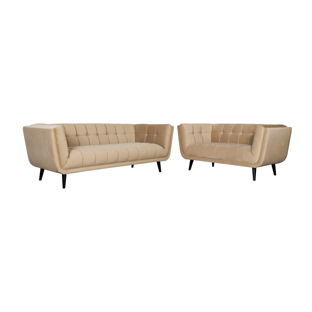 Simon sofa i beige velur, 3-seter og 2-seter vist sammen mot hvit bakgrunn.