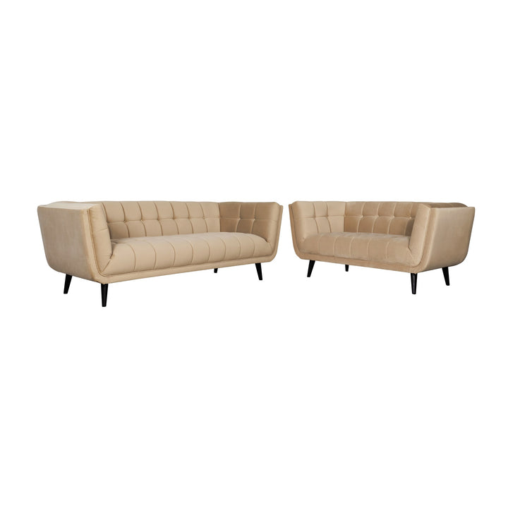 Simon sofa i beige velur, 3-seter og 2-seter vist sammen mot hvit bakgrunn.