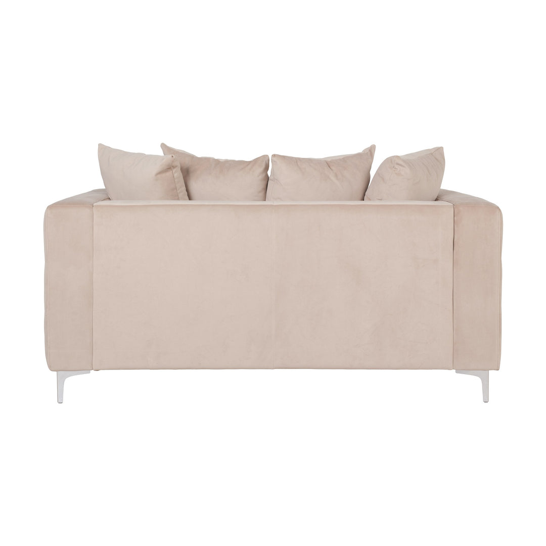 Boston sofa i beige velur, 2-seter sett bakfra med løse puter og krombein.