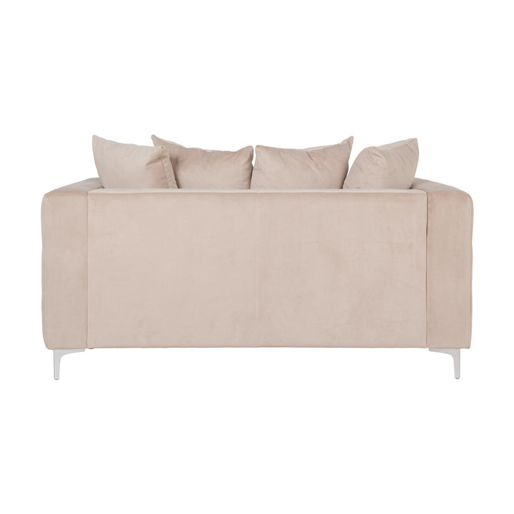 Boston sofa i beige velur, 2-seter sett bakfra med løse puter og krombein.