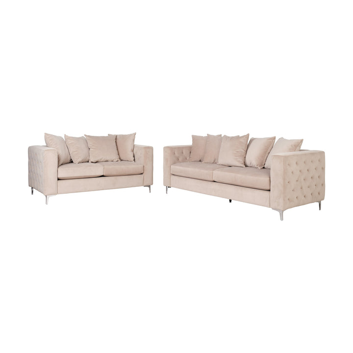 Boston sofa i beige velur med knappetuftede sider og forkrommede bein, sofagruppe i to størrelser