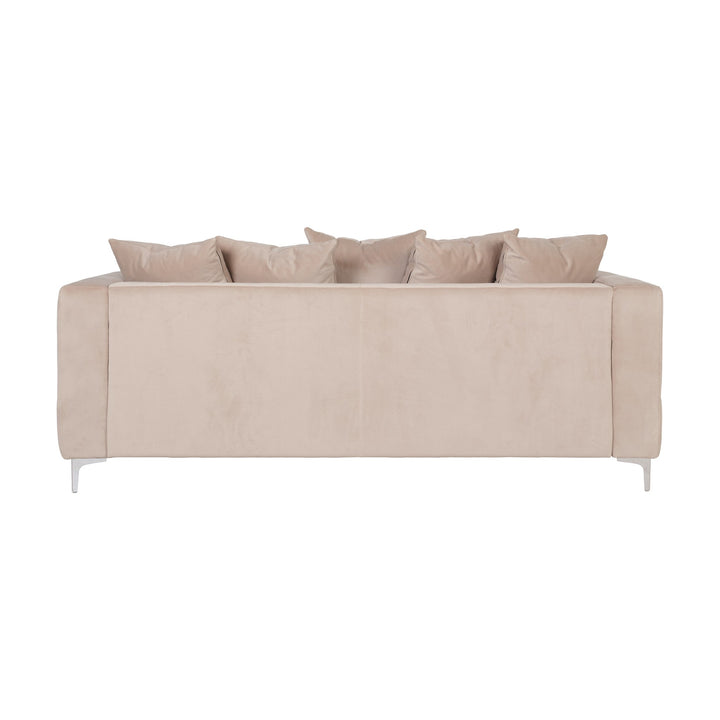 Boston sofa i beige velur, 3-seter sett bakfra med løse puter og krombein.