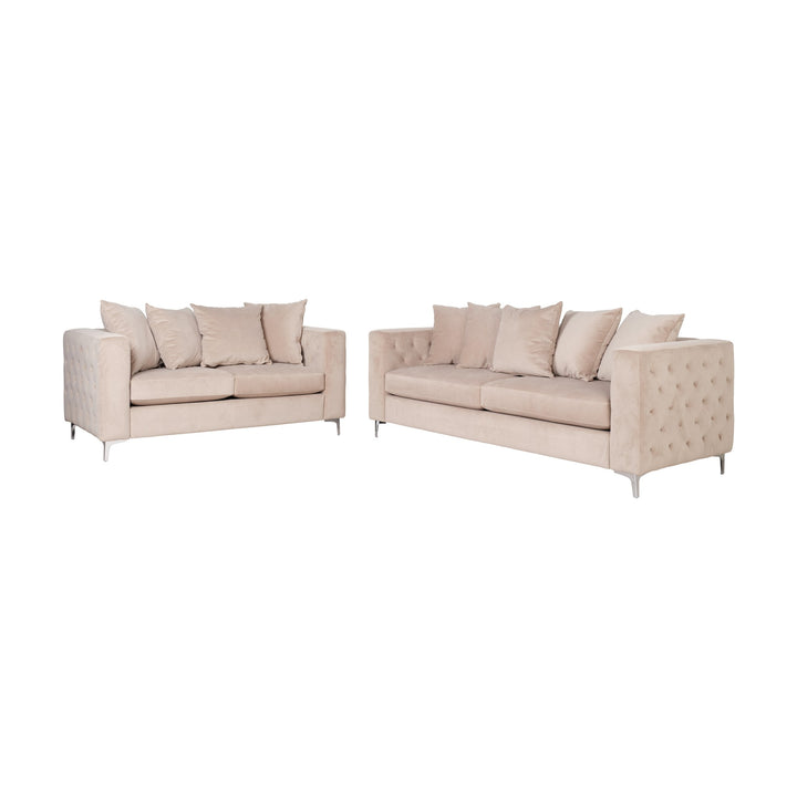 Boston sofa i beige velur med dype knappetuftede sider, sofagruppe med to og tre seter