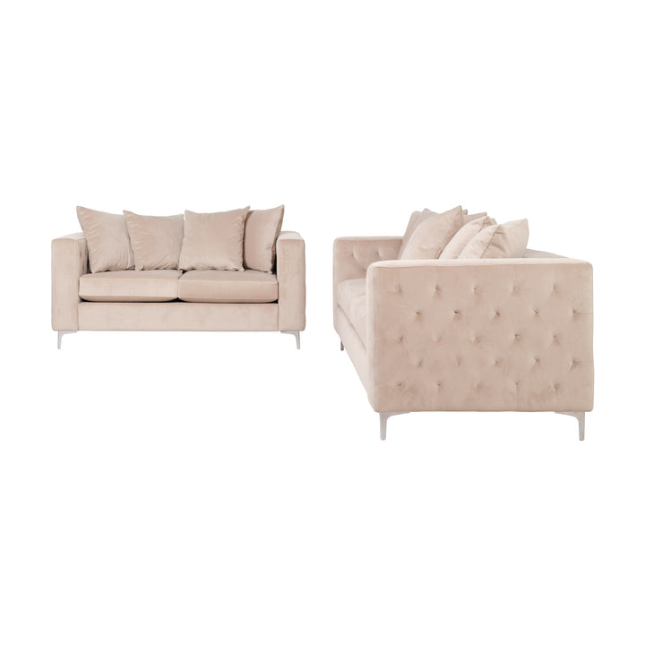 Boston sofa i beige velur, to- og treseter med tuftede armlener og forkrommede bein