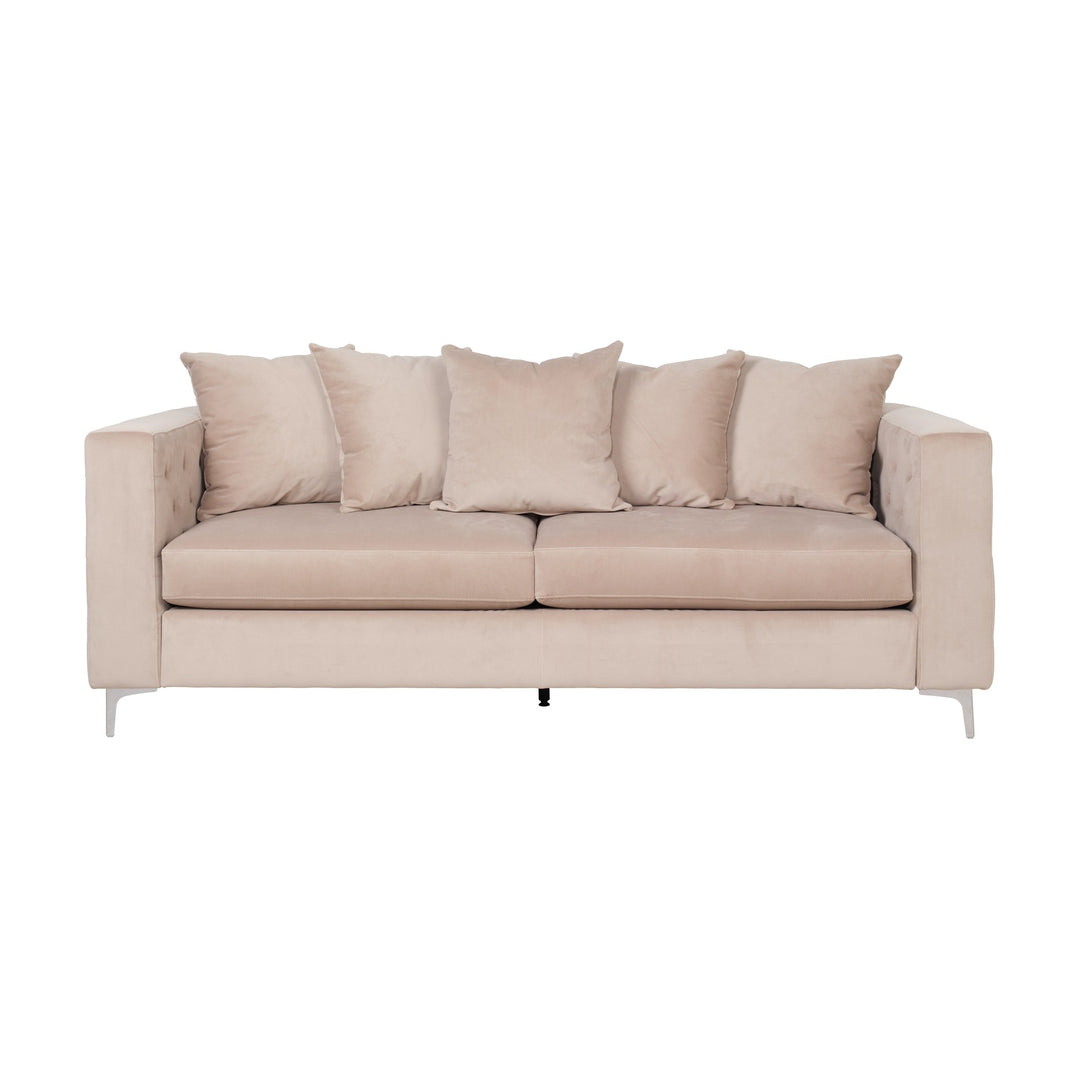 Boston sofa i beige velur med rutetuftede sider og krombein