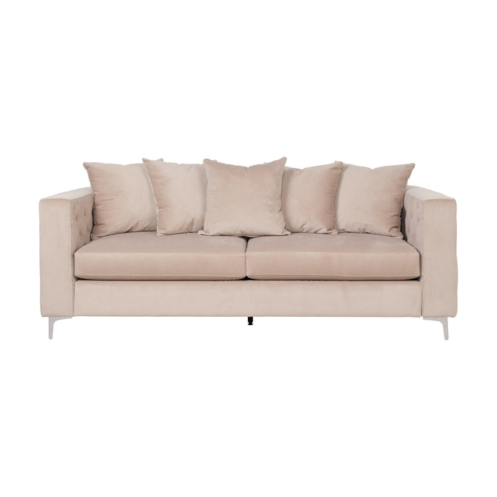 Boston sofa i beige velur med rutetuftede sider og krombein