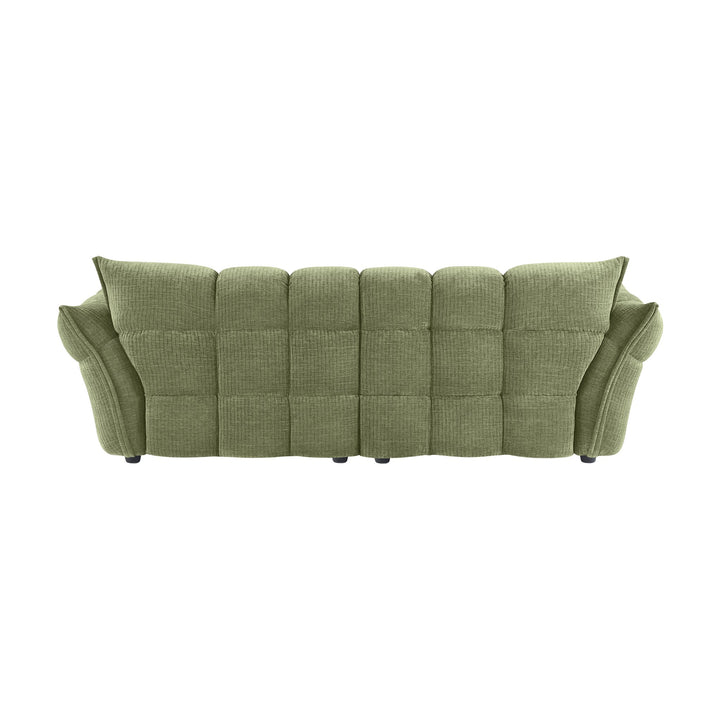 Marigold sofa i grønt sett bakfra, med rutet quiltet rygg og mørke ben.