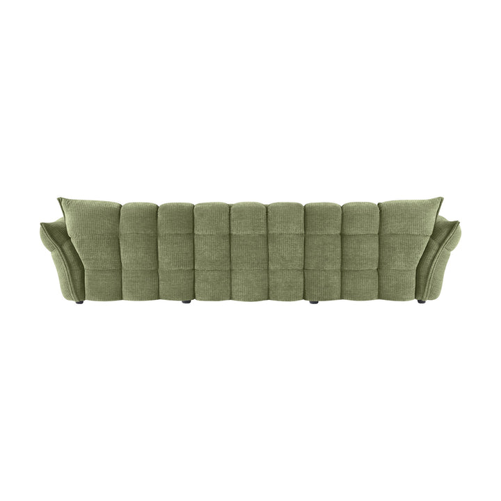 Marigold sofa i grønt sett bakfra, med rutet quiltet rygg og mørke ben.