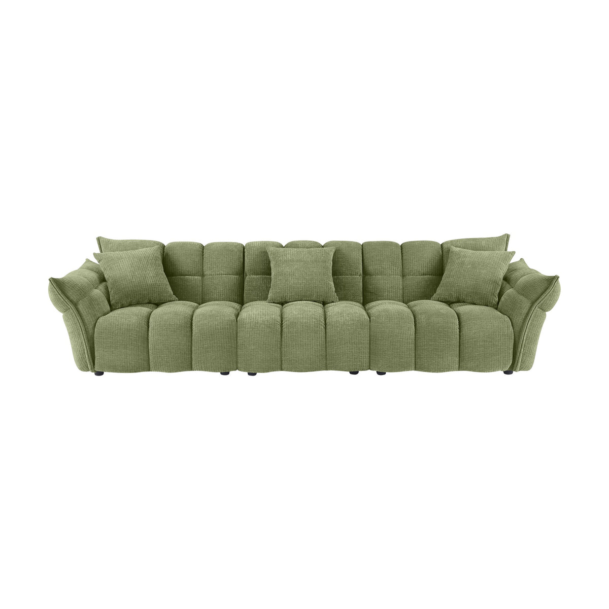 Marigold sofa i grønn med puffet, ribbet chenillestoff og mørke ben