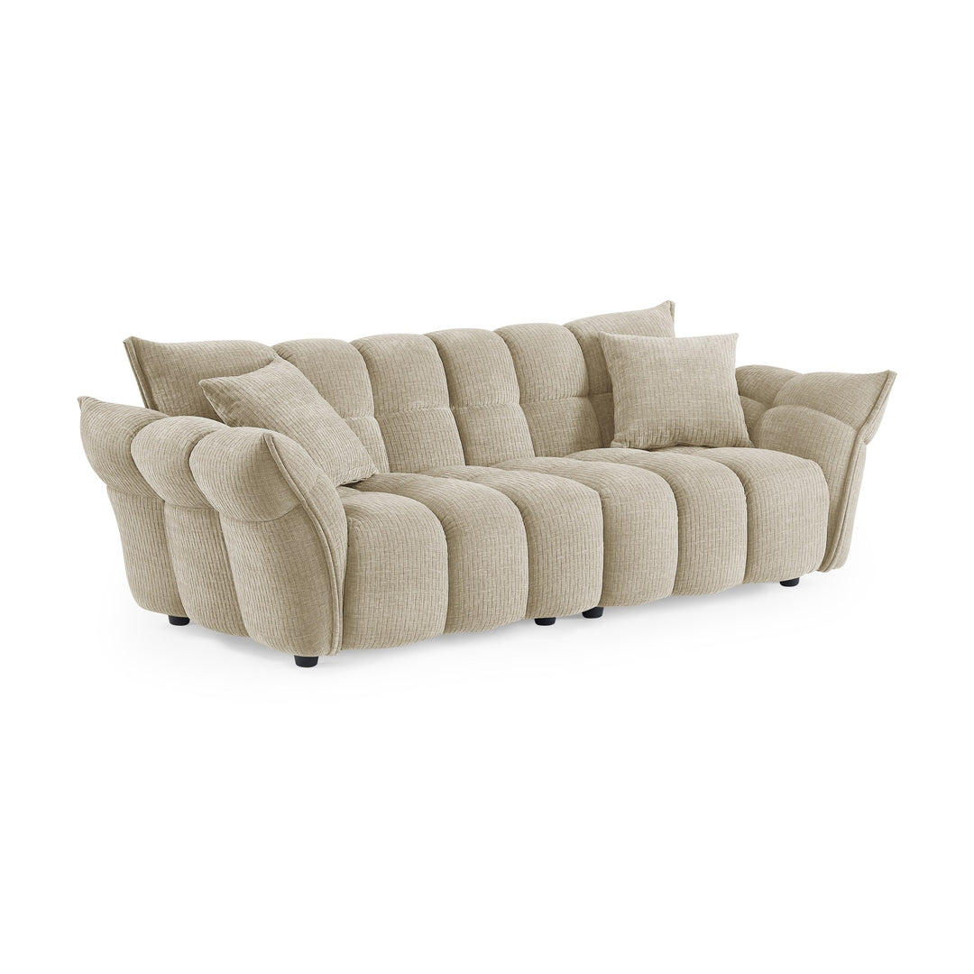 Marigold sofa i beige kordfløyel, skråvisning av pløset treseter med løse puter