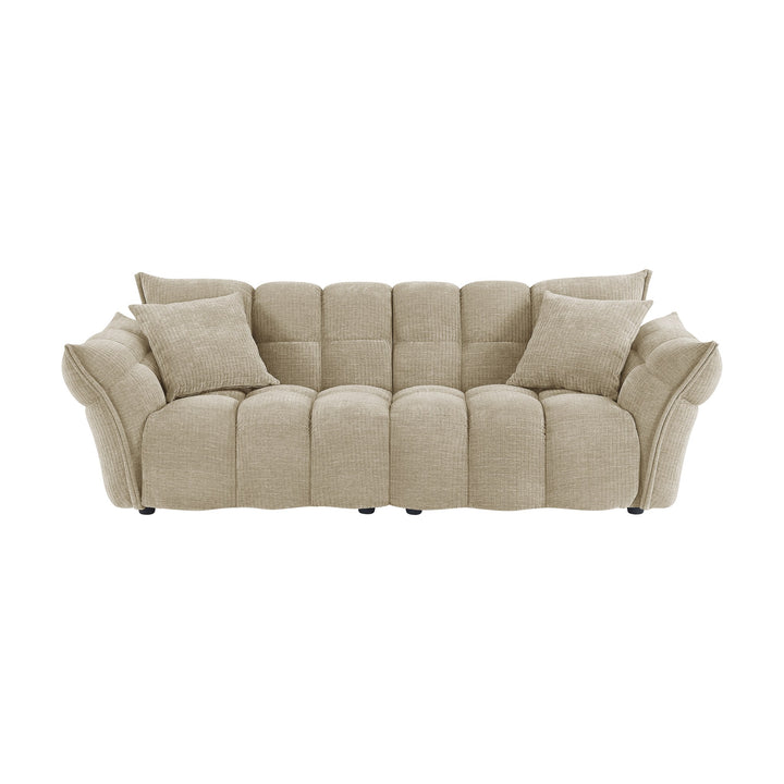 Marigold sofa i beige med puffet, ribbet chenillestoff og mørke ben