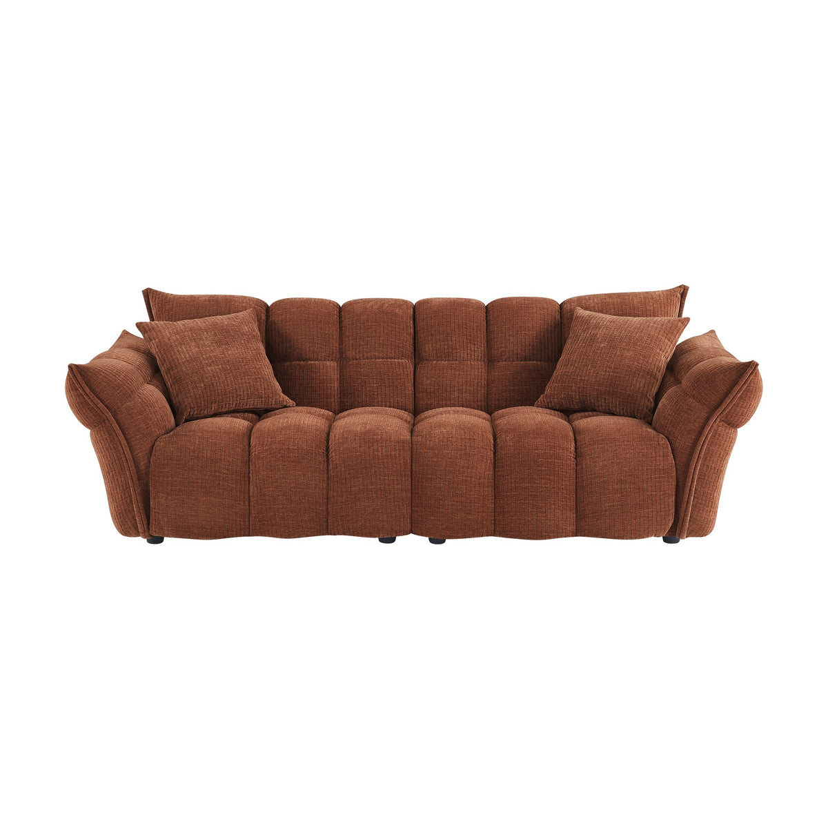 Marigold sofa i rust med puffet, ribbet chenillestoff og mørke ben