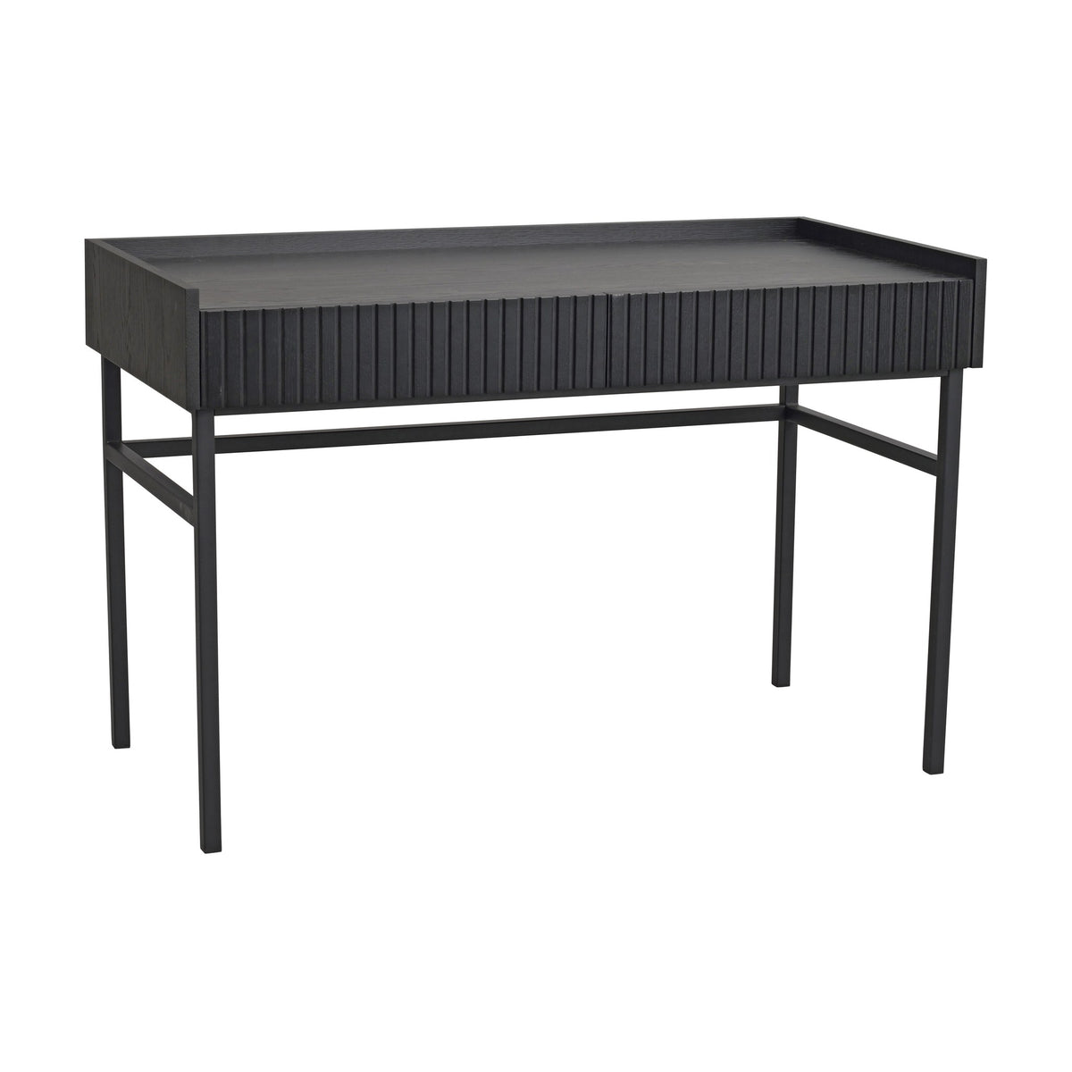 Rowico Halifax skrivebord i sort eik med riflede skuffefronter og sorte metallben