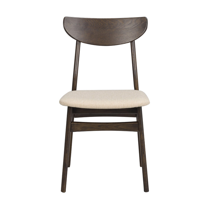 Rowico Rodham spisestol i brun eik med beige stoppet sete, sett forfra