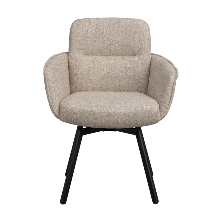 Rowico Roswell spisestol i lys beige melert stoff med svarte metallben, sett forfra