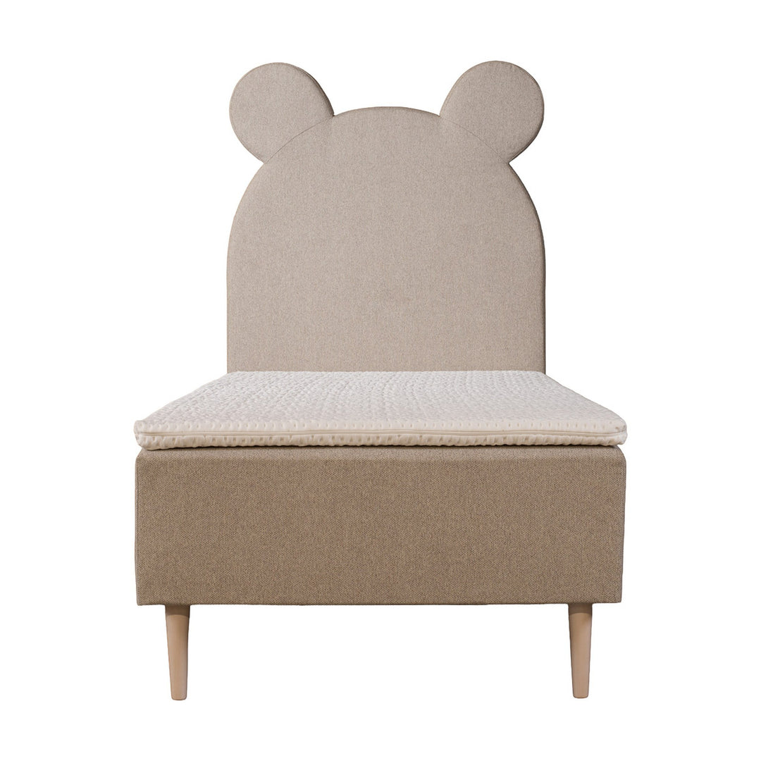 Asleep Teddy rammemadrass i beige med bjørneøre-gavl og hvit overmadrass, sett forfra
