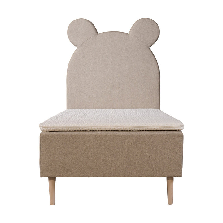 Asleep Teddy rammemadrass i beige med bjørneøre-gavl og hvit overmadrass, sett forfra