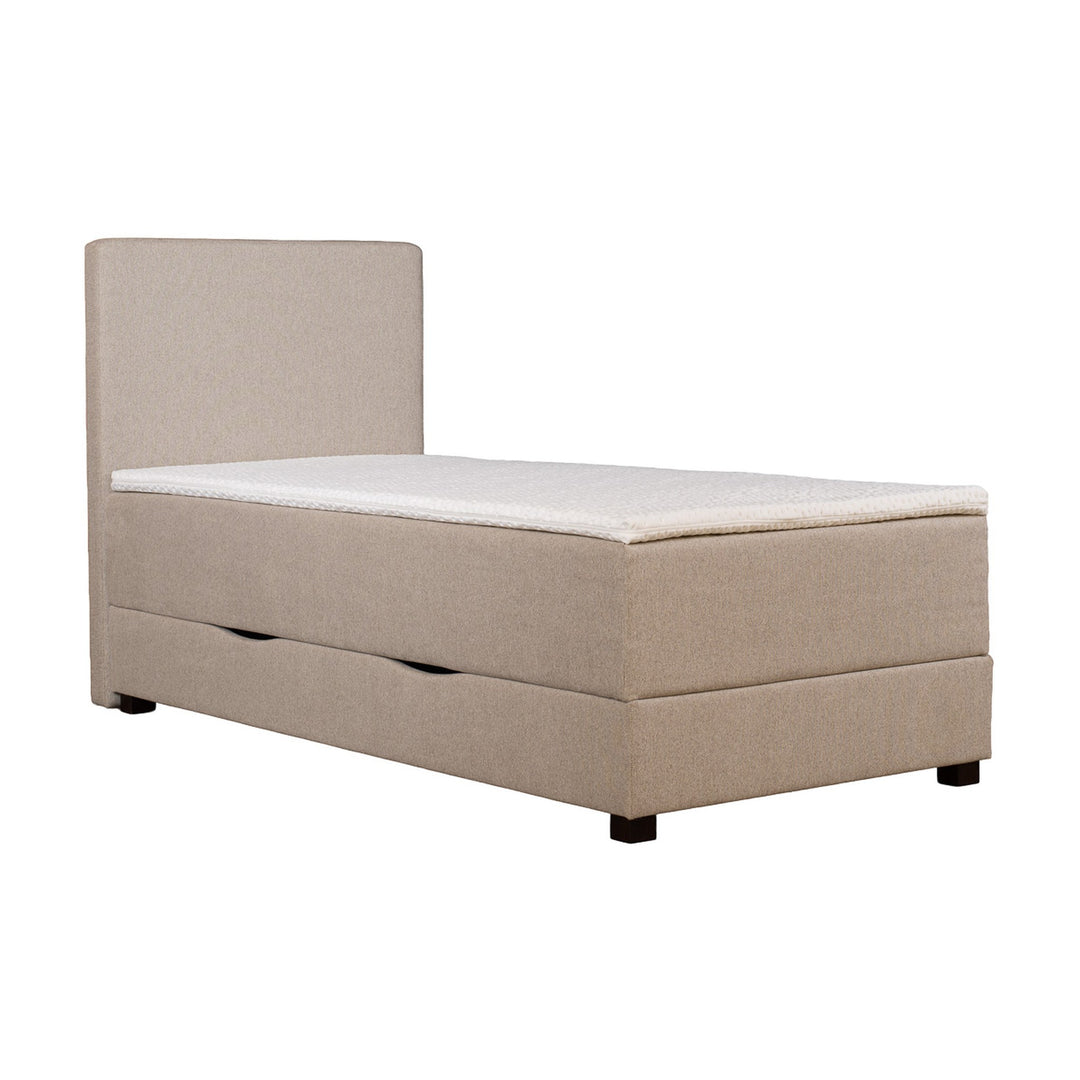 Asleep Luna rammemadrass i beige med hvit overmadrass og lav gavl, sett rett forfra
