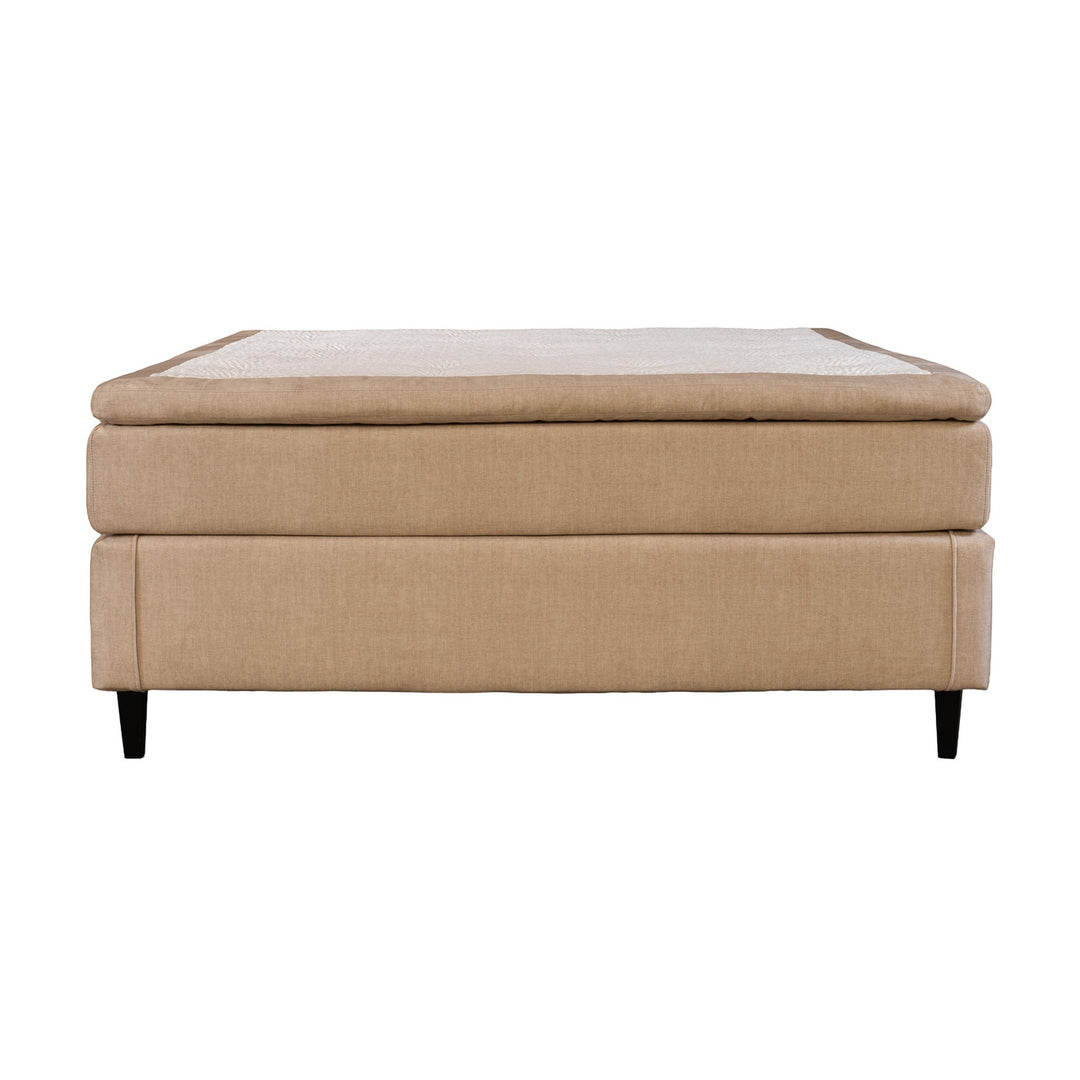 Asleep Lima kontinentalseng i beige stoff med overmadrass, sett fra siden mot hvit bakgrunn