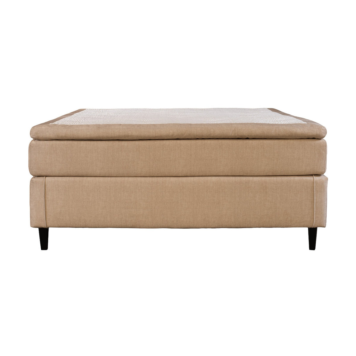 Asleep Lima kontinentalseng i beige stoff med overmadrass, sett fra siden mot hvit bakgrunn