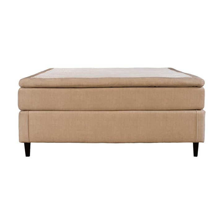 Asleep Lima kontinentalseng i beige stoff med overmadrass, sett fra siden mot hvit bakgrunn