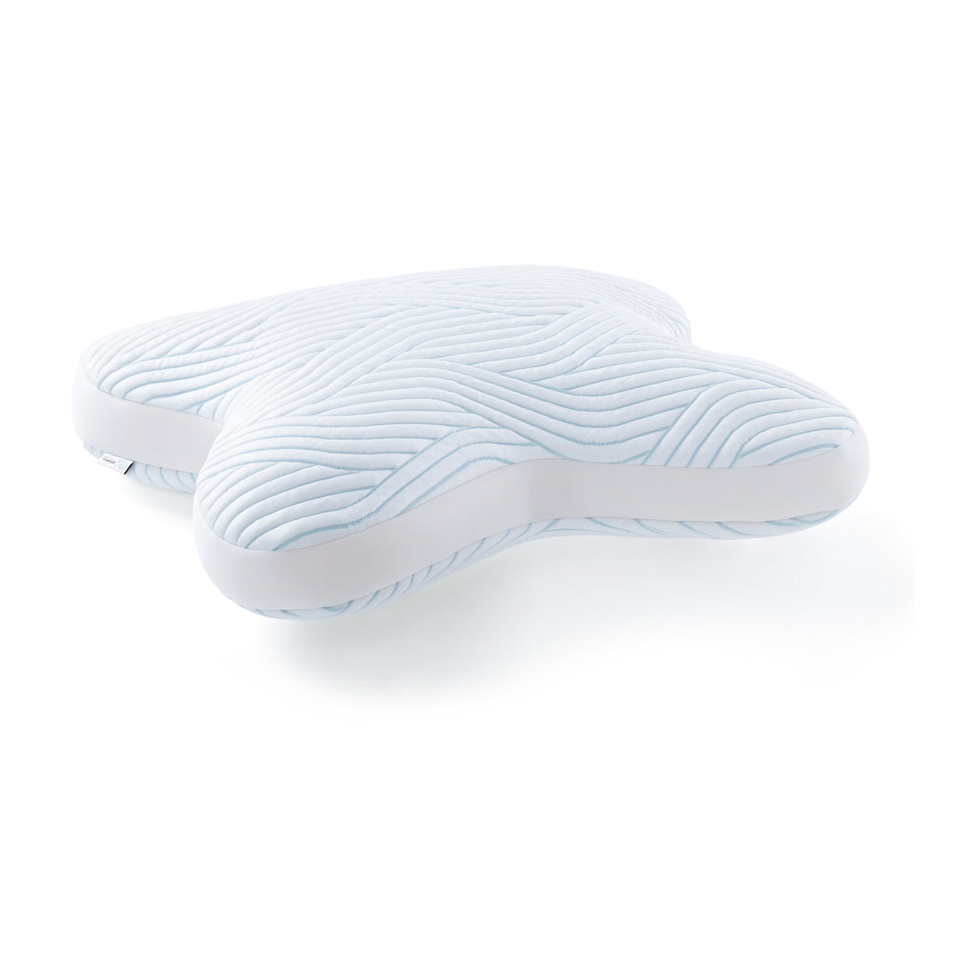 Tempur SmartCool Ombracio hodepute, ergonomisk buet fasong i hvitt med blått bølgemønster, mot hvit bakgrunn
