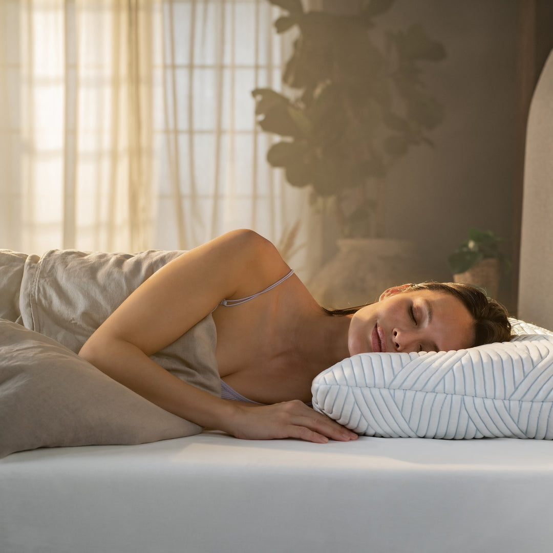 Tempur SmartCool Comfort hodepute, kvinne sover på siden i lyst soverom med gardiner og plante