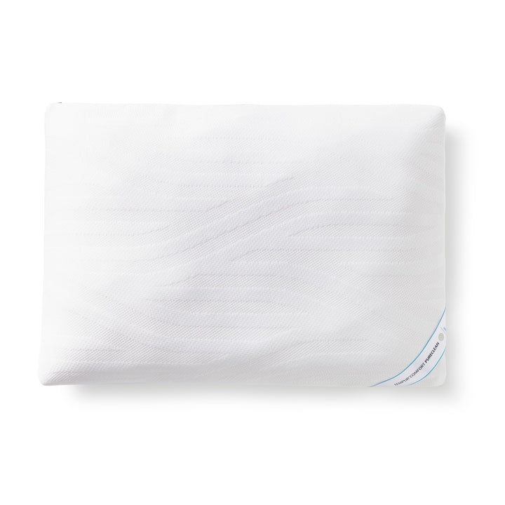 Tempur Comfort PureClean hodepute i hvitt med produktetikett, sett ovenfra mot hvit bakgrunn
