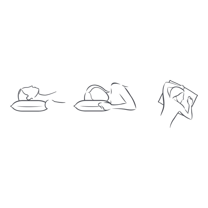 Strektegning av tre sovestillinger for Tempur Comfort PureClean hodepute: rygg, side og mage