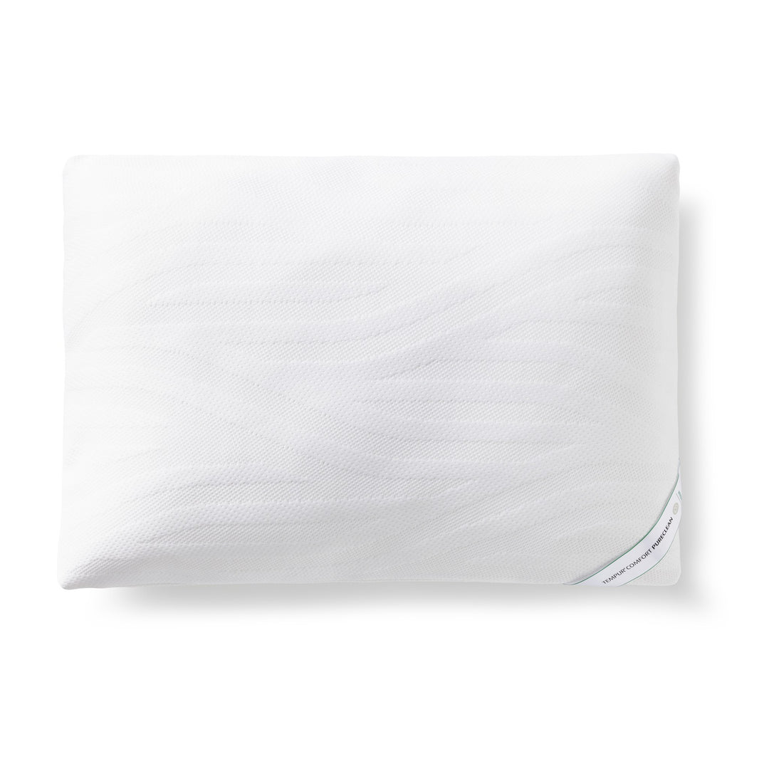Tempur Comfort PureClean hodepute i hvitt med glatt strikketrekk, sett ovenfra mot hvit bakgrunn