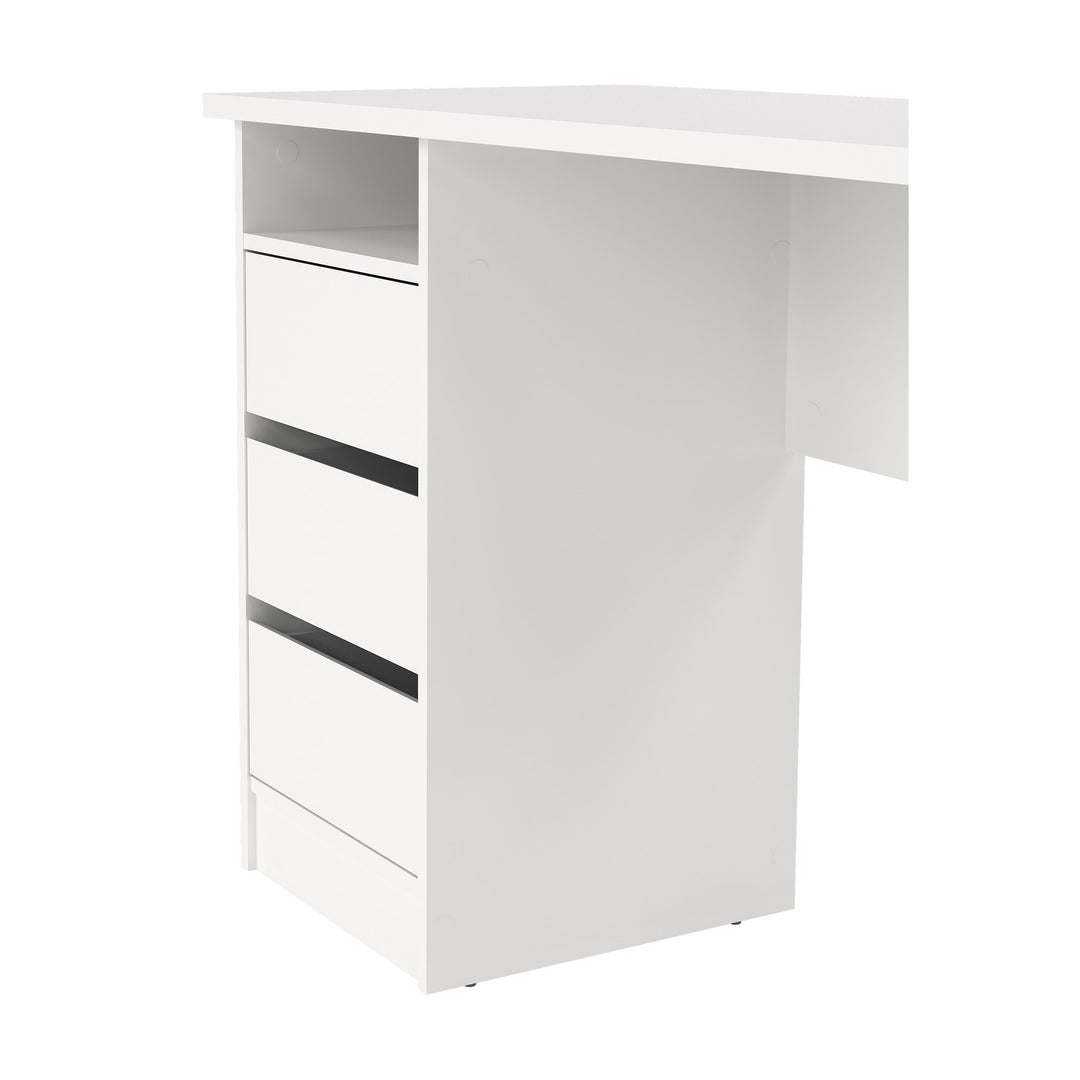 Function Plus 3 skrivebord i hvit høyglans med tre skuffer og åpen hylle, sett fra siden