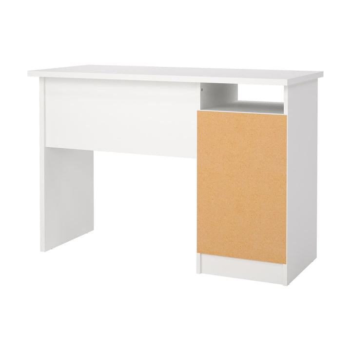 Function Plus 3 skrivebord i hvitt sett bakfra, med åpen hylle og umalt MDF-bakside