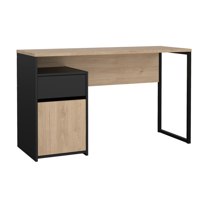 Function Plus 1 skrivebord i sort og lys eik med sort skuff og eikedør, sett forfra