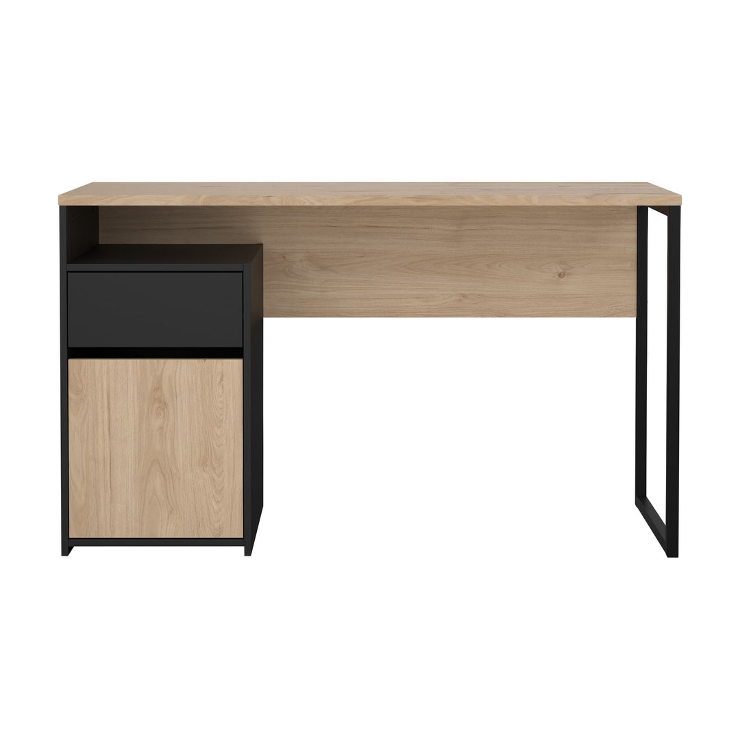 Function Plus 1 skrivebord i lys eik med sort metallramme, skuff og skapdør