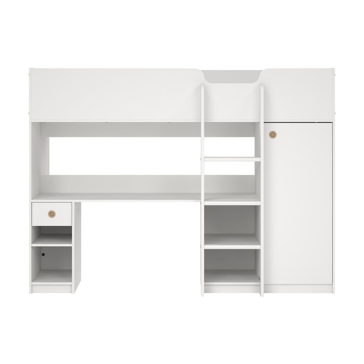 Lyon høy barneseng i hvitt med garderobe, stige og eikedør
